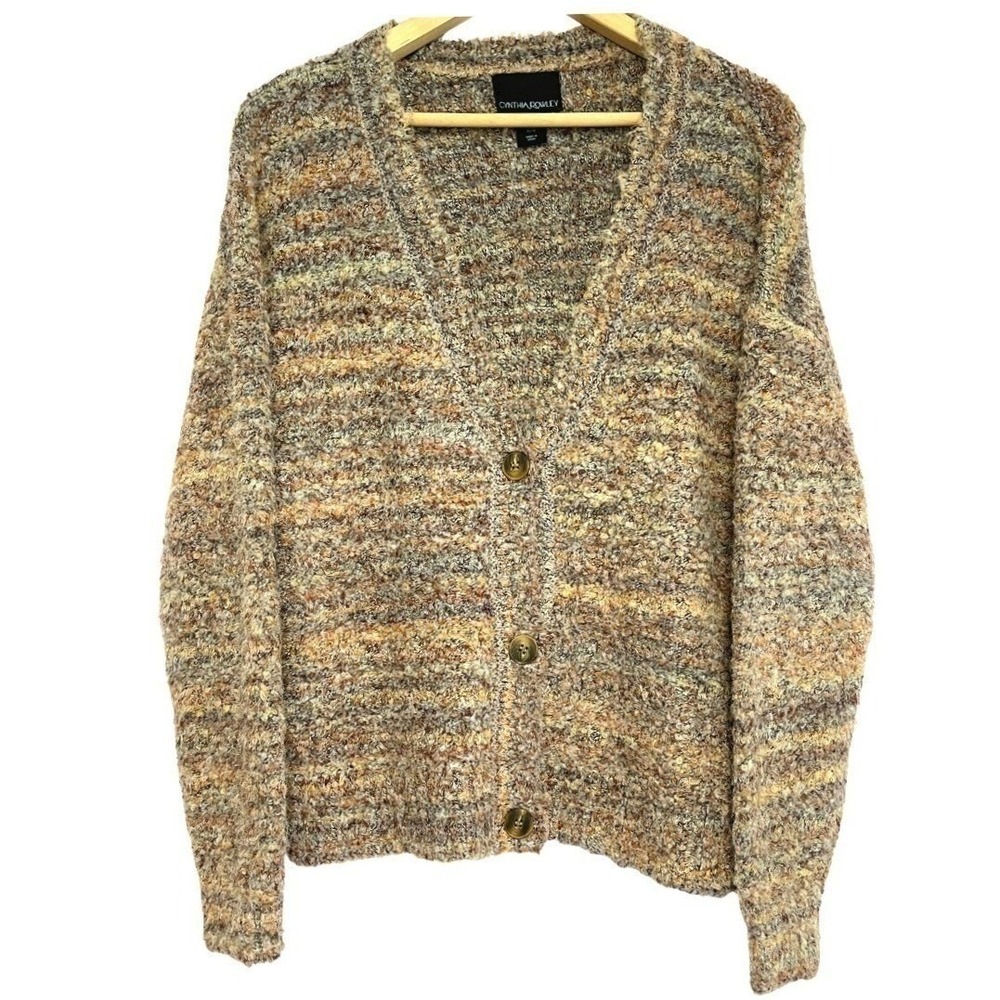 Cynthia Rowley Chunky Cardigan Sweater Womens M Brown Nubby Warm Cozy Neutral
